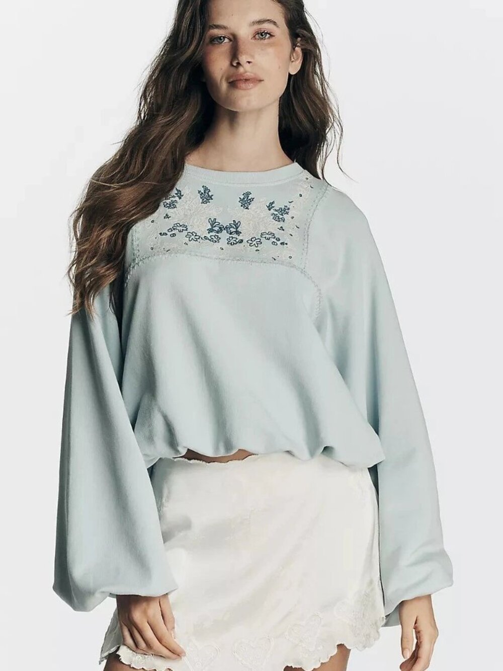 By Anthropologie Boho Balloon-Sleeve Pullover Top Floral Embroidered S 290458